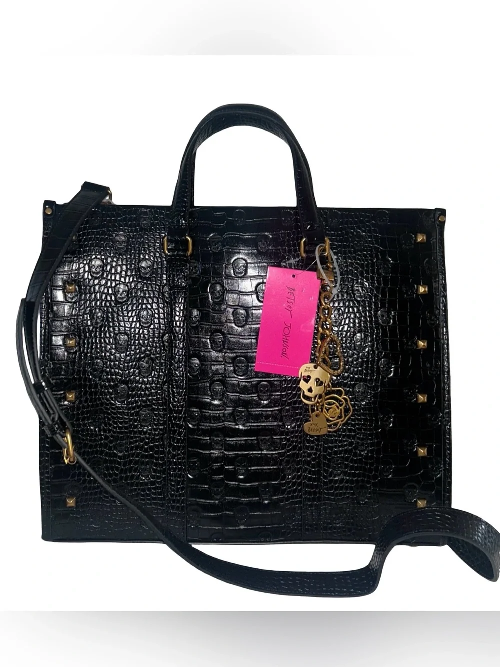 Betsey Johnson NWT Black Croc Skull Embossed Tote Bag & Gold Skull Charm (P234)